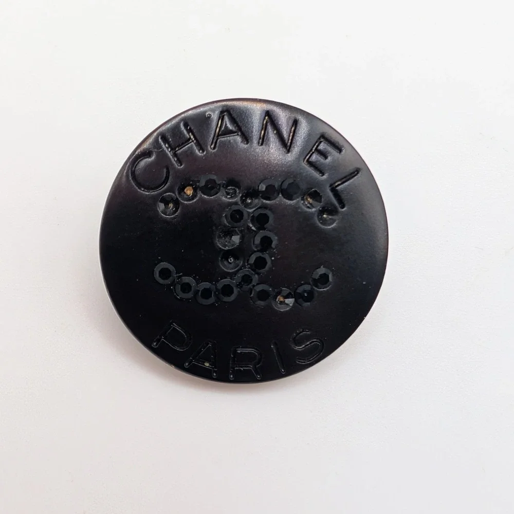CHANEL PARIS Button Black 18mm CC Logo Rhinestone Shank Replacement Round Luxury